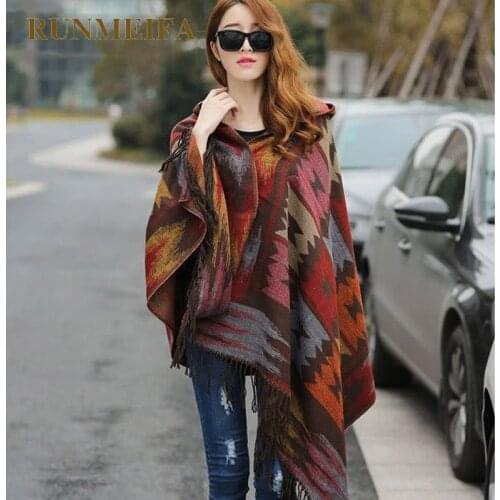 2021 NEW Women Winter Boho Hooded Coat Cape Poncho ladies Shawls wrap female Pashmina plaid cashmere blanket scarf Bufanda Mujer