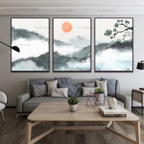 Chinese Style Scenery Canvas Painting Ink Fog Mountain Landscape Poster Home Decoration Wall Art Pictures for Living Room