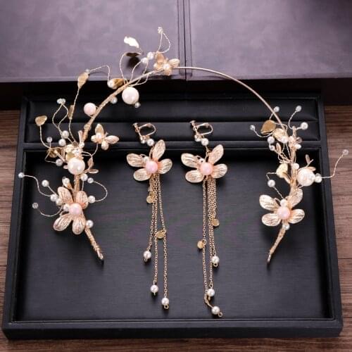 Gold Flower Butterfly Tiara Women Headbands With Tassel Earrings Pearl Crystal Hair Accessories For Bride Wedding Hair Jewelry