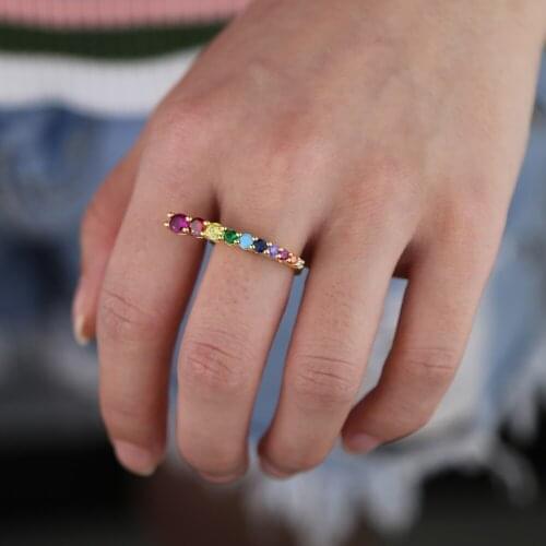 Multicolor round CZ bar shaped rings for girls women rainbow delicate jewelry gold filled wholesale factory women finger rings