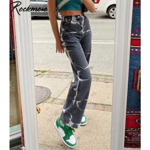 Rockmore Tie Dye Print Straight Pants WomenS Jeans Y2K Aesthetic High Waist Trousers Streetwear Harajuku Baggy Denim Capris