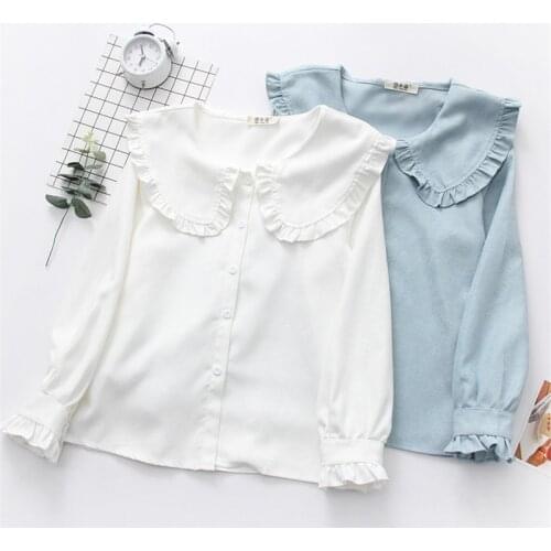 Korean new 2019 Spring Women Shirt Girl Cute Sweet Ruffles Peter Pan Collar Solid Color Casual Blouse Shirt Tops Female PZ2000
