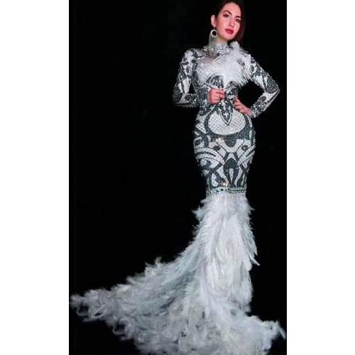 Sexy Feather Rhinestones Women Birthday Party Celebrate Outfit Singer Costume Stage Show Nightclub Dress Long Dresses DJ943