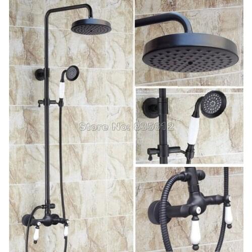 Bathroom Black Oil Rubbed Bronze Rain Shower Faucet with Handheld Shower Head / Wall Mounted Dual Handles Mixer Taps Wrs475