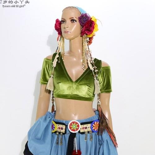 Belly Dance Velvet Fat Chance Tribal Choli Costume Short Drop Sleeve Top CJJ07