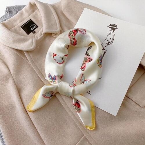 Spring Fashion Butterfly Square Scarf Women Luxury Silk Shawls Small Hair Neck Hijabs Office Foulard Scarves PJ166