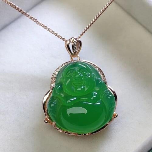 Green Jade Buddha Pendant Necklace Set 18k Gold Plated Hip Hop Jewelry