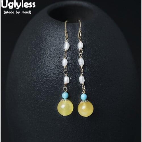 Uglyless 100% Real 925 Sterling Silver Bohemia Exotic Long Earrings for Women Natural Pearls beading Earrings Amber Balls Brinco