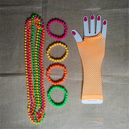 Women Neon Bead Necklace Bracelet Colorful Fingerless Short Fishnet Gloves for 80s Party Costume Accessories Set