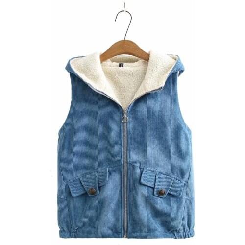 Plus size sleeveless hooded Corduroy zipper solid brown blue women vests coat 2021 new winter casual ladies jackets vest female