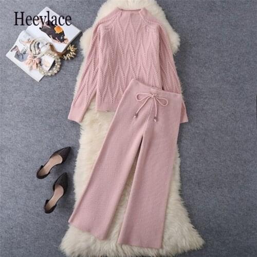 2021 Autumn Winter Women Knitting 2 Piece Set Female Long Sleeve O-neck Knitted Pullover Wide Leg Pants Suit Lady Solid Set