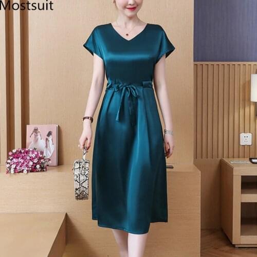 L-5xl Summer Satin Long Dress With Belt Women Plus Size Short Sleeve V-neck A-line Dresses Korean Vintage Office Party Vestidos