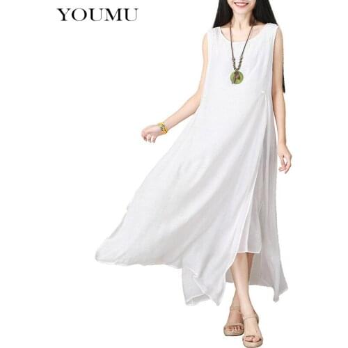 Women Office Lady Loose Dresses White Elegant Sleeveless O-Neck Asymmetrical Ankle-Length Tank Dresses Summer Fashion 200-A140