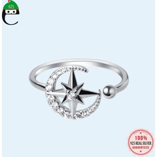 ElfoPlataSi Real 925 Sterling Silver Fashion Sweet Moon Star Openingl Ring For Women Wedding Party Mothers Day Jewelry DD915