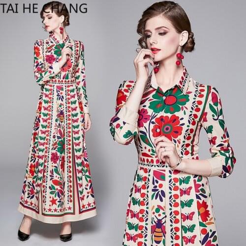 Women Dress New Fashion Retro Spring Summer Elegant Slim Bodycon Vintage Party Runway Print Shirt Office Work Maxi Dresses