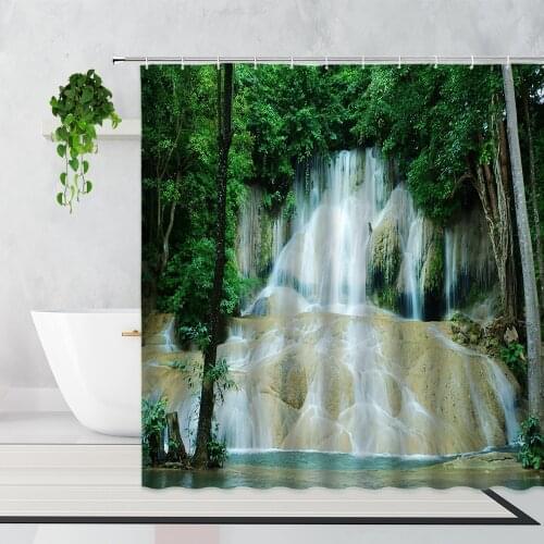 3D Forest Waterfall Landscape Shower Curtain Green Trees Plants Flowers Rocks Home Decor Curtains Set Waterproof Bathtub Screen