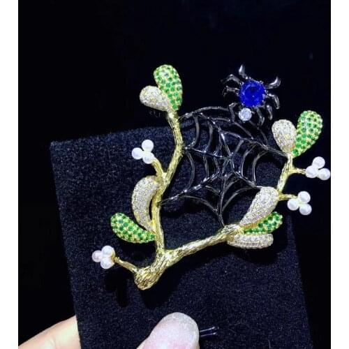 Spider and web brooch 925 sterling silver with cubic zircon insect plant tree fine women jewelry free shipping