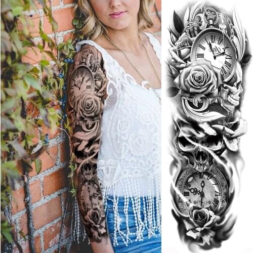 Creative Black Big Clock Temporary Flower Tattoos For Men Women 3D Body Art Full Arm Sleeve Tatoo Waterproof Fake Tattoo Sticker