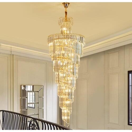 Duplex Villa Spiral Stair Chandelier Long Crystal Chandelier Lighting Modern Living Room Luxury Large Gold Crystal Light Fixture
