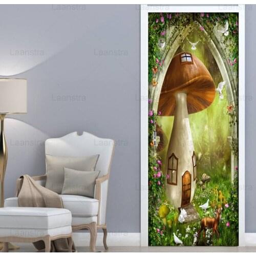 Fantasy Fairytale Forest Elk 3D Door Sticker For Living Room Bedroom DIY PVC Self Adhesive Wallpaper Waterproof 3D Mural Decal