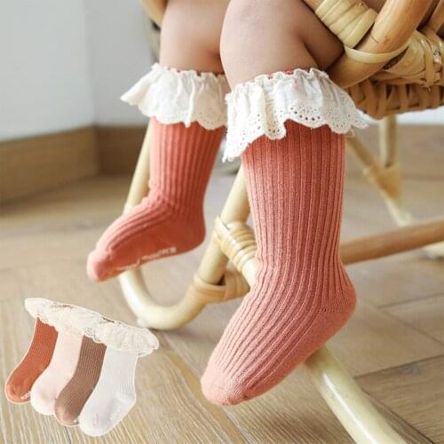 Toddler Infant Baby Girls Knee High Socks with Grips Ruffled Lace Patchwork Ribbed Knit Solid Color Non-Skid Cotton Long Sotckin