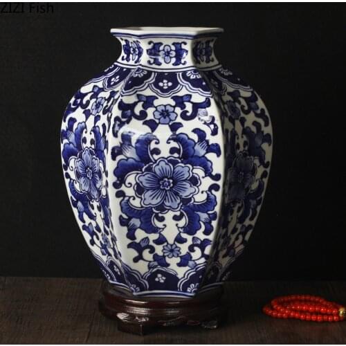 Classical Ceramic Vase Antique Blue and White Porcelain Hibiscus Flower Hexagonal Vase Floral Arrangement Crafts Storage Jar