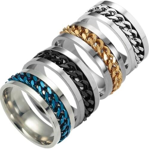 Men Women Titanium Stainless Steel Ring With Rotating Chain Fashion Punk Personality Ring Party Jewelry Gifts 5 Colors Optional
