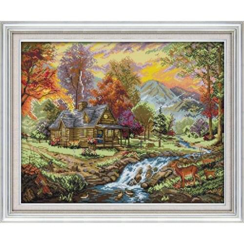 Small streams of water fawn animal countryside huts beautiful landscape holiday villas cross stitch suite decorative paintings