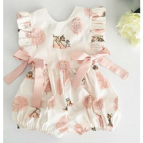 Fashion Sweet Newborn Baby Girl Deer Romper Jumpsuit Cartoon Print Ruffles Clothes Outfits Summer