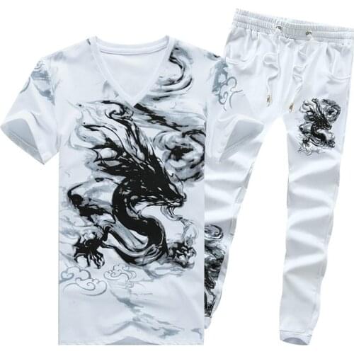 2020 Summer Mens Sets Short Sleeve Clothes Trousers For Men Print Floral Casual Full Pants Plus Size M-5XL Two Piece Sets Male