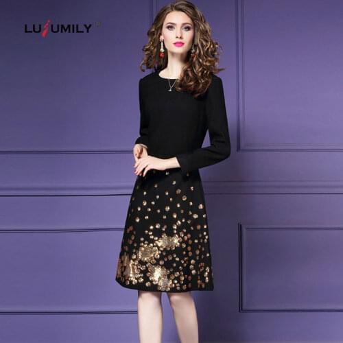 Lusumily 2021 New Women Luxury Sequined Office Dress Female High Quality Robe Femme Wrist Knee-Lenght Elegant Party Vestidos