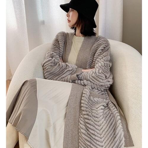 HDHOHR 2021 New High Quality Natural Mink Fur Coat Women With Belt Knitted Real MinkFur Jacket Fashion Warm Long For Female