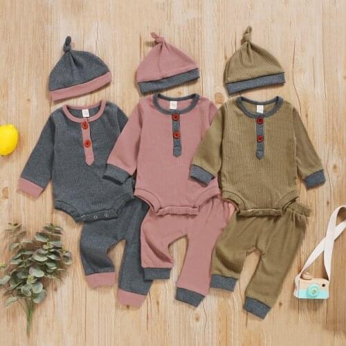 Autumn Baby Boy Long Sleeve Solid Print Romper Tops Trousers Hat Outfits Clothes New Arrival