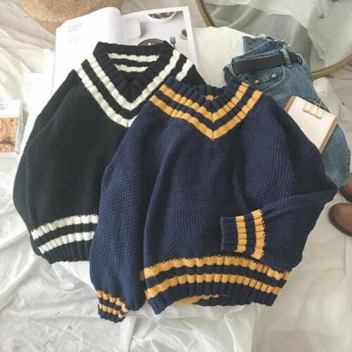 Autumn V-neck Sweater Women Vintage Jumper Blue Knitted Striped Sweaters For Women White Harajuku Sweater Pullover Winter Warm
