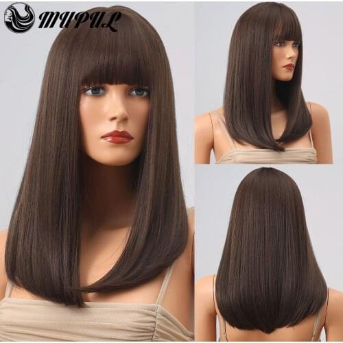 Long Brown Ombre Straight Synthetic Wigs With Bangs For White Women Cosplay Heat Resistant Natural Fiber Daily Hair Wig