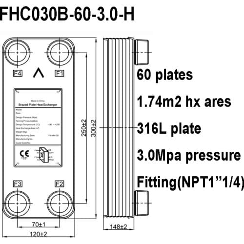 Brazed plate heat exchanger, Wort Chiller,316 Stainless Steel Material - 60 Plates Brewing Chiller, Homebrew Wort Chiller