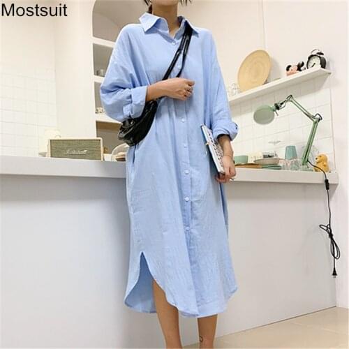 Cotton Linen Loose Waist Shirt Dress Women Full Sleeve Turn-down Collar Long Dresses Korean Casual Fashion Vestidos Femme