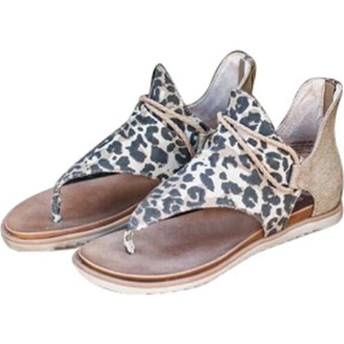 Leopard Women Shoes Women Summer New Large Size Roman Women Sandals Women Clip Toe Breathable Flat Bottom Beach Sandals