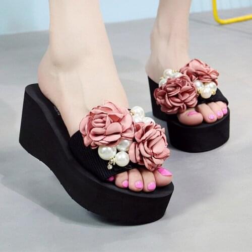 Summer Fashion Handmade Pearl Flowers Ladies Slippers Comfortable Slope With Sweet And Lovely Temperament All-Match Sandals