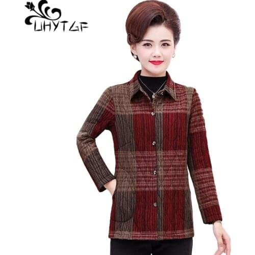 UHYTGF Parker Women Casual Warm Winter Cotton Jacket Fashion Plaid Middle-Aged Female Elegant Coat Loose 5XL Plus Size Tops 1461