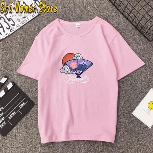 Fashion Retro Girl Folding fan Print Women T-shirt 90S Style White Ladies Short Sleeve T-shirt Japanese Anime Female Clothes