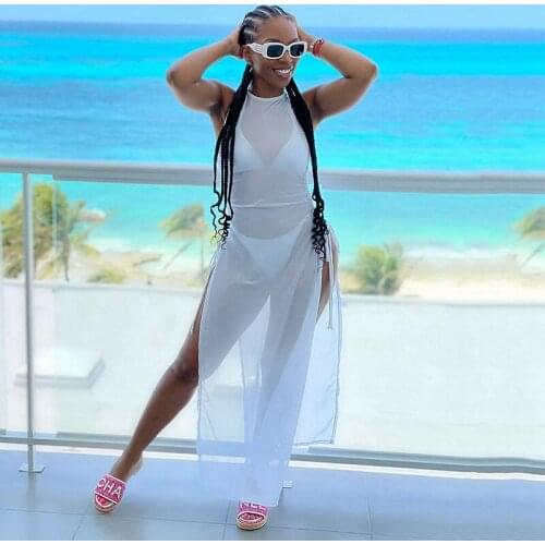 Women Sexy 3pcs Bikini Set Halter Crop Bra+Underpant And Mesh See Through High Split Drawstring Cover Up Dress Bathing Suit