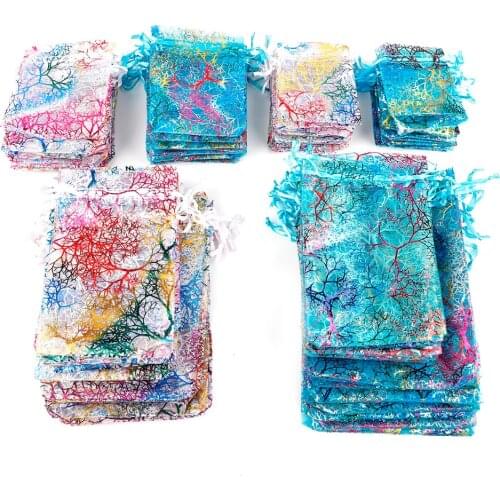 10pcs/lot 7*9/9*12/10*15/13*18cm Coral Pattern Organza Drawstring Pouches Gauze Yarn Wedding Party Candy Bags Jewelry Packaging