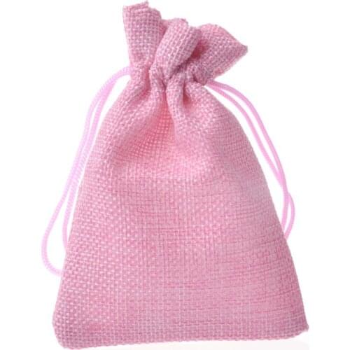 100pcs/lot Faux Burlap Hessian Drawstring Jute Bags Jewelry Packaging Rustic Wedding Favors bomboniere Gift Pouches 9x12cm Pink