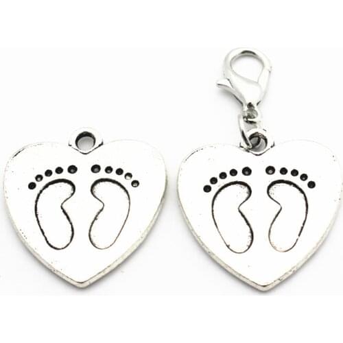 12pcs/lot Alloy Heart Footprint Dangle Charms Lobster Clasp Hanging Charm For Bracelet&Pendant Floating Charms Jewelry