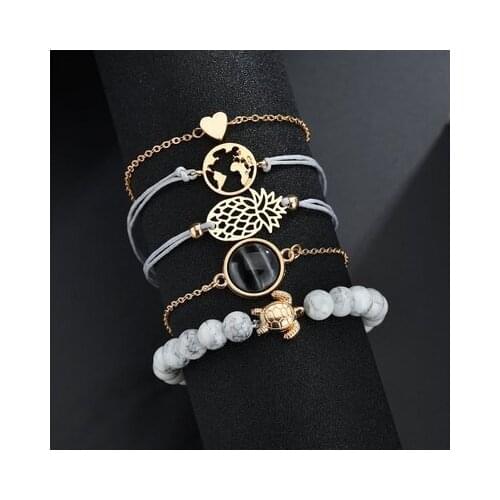 5pcs/lot Heart Chain Gold Color Sea Turtle Pineapple Plant Chain Women Bracelet Fashion Bangle For Lovers Holiday Gift