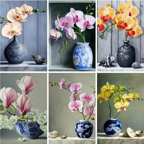 Huacan 5D Diamond Painting With Square Rhinestones Orchid Diamond Embroidery Mosaic Flower Vase Pictures Home Decor