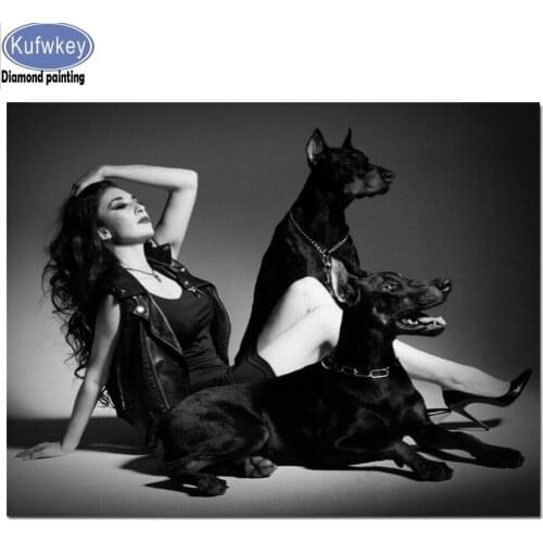 Diamond Painting Cross Stitch Doberman and woman Diamond mosaic full square round drill Embroidery Rhinestone animal and people