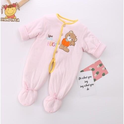 0-12M Newborn Bodysuit Baby Cover Foot Bodysuit Long Sleeve Thickened Open Crotch Fart Clothes Baby Bodysuit Winter Thickened