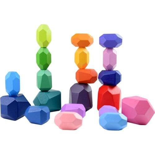 Children Wooden Colored Stone Blocks Building Block Educational Toy Nordic Style Stacking Block Game Rainbow Wooden Toy